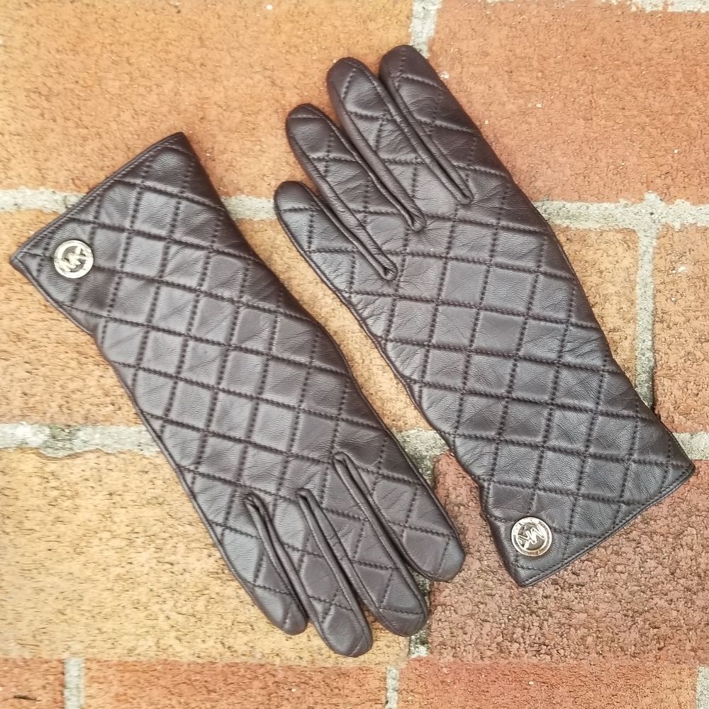 Michael Kors Quilted Leather Gloves Chocolate Brown w/ Cashmere Blend Lining 7.5